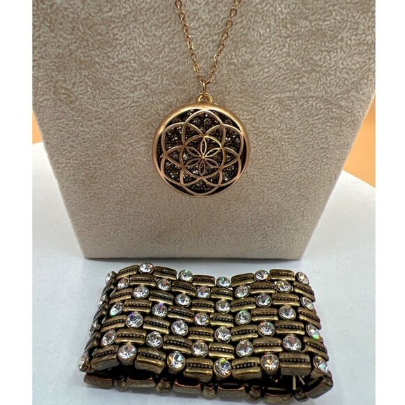 Vintage-Inspired Floral Medallion Necklace & Crystal-Studded Bracelet Set.  C5 - Picture 1 of 15